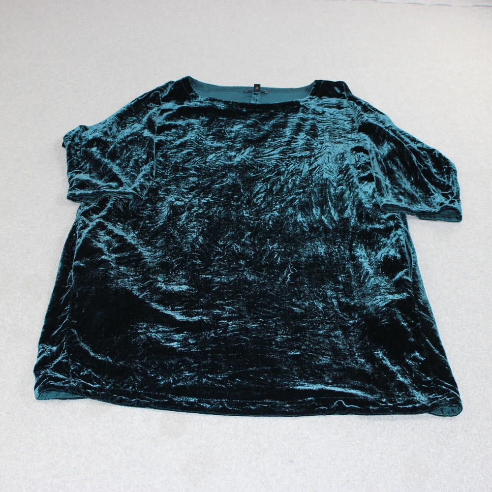 Eileen Fisher Shirt Women Petite Large Green Velvet Short Sleeve Tunic Pockets
